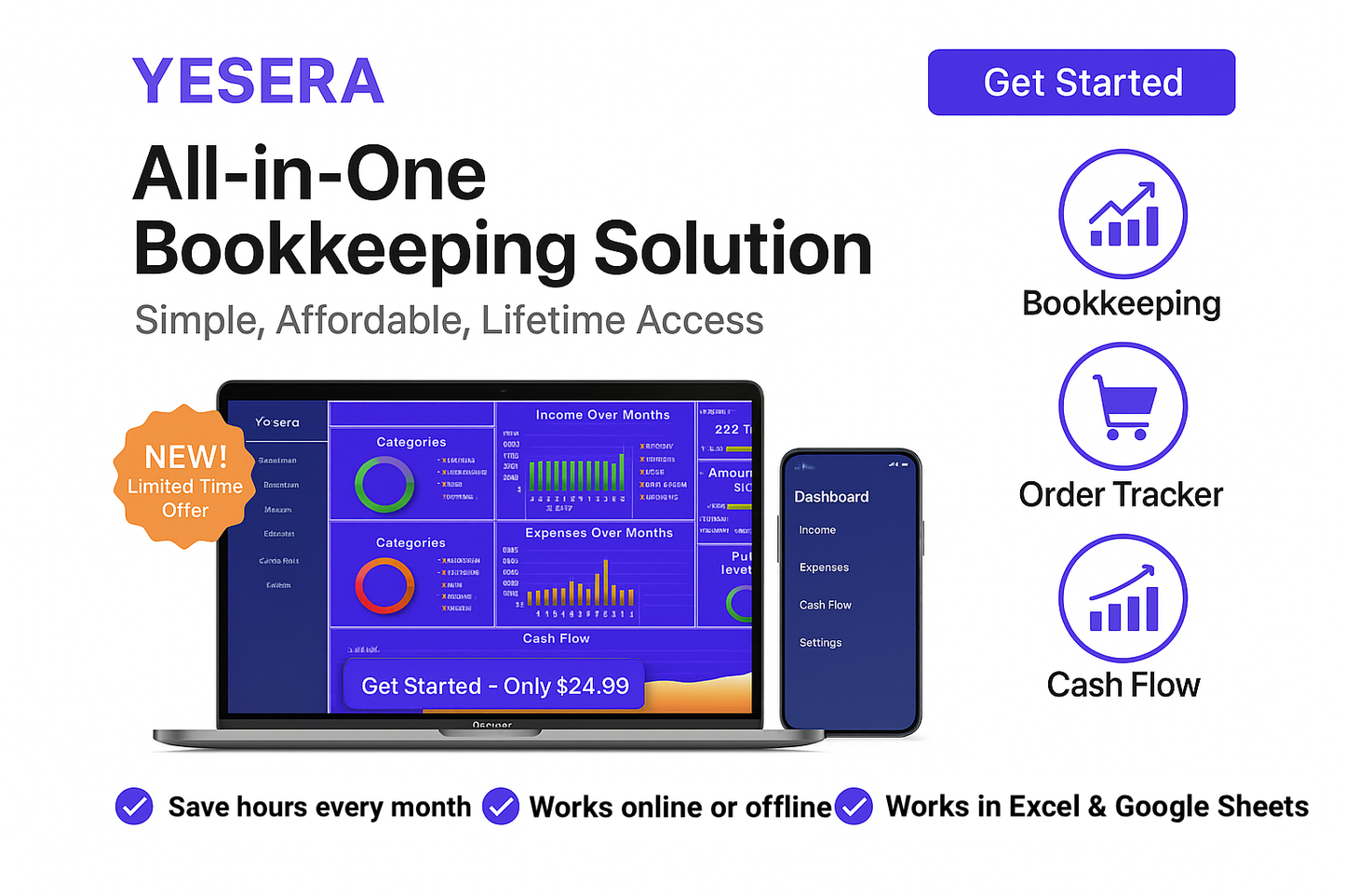 Yesera Bookkeeping Spreadsheet – Simple Excel & Google Sheets Accounting for Small Businesses